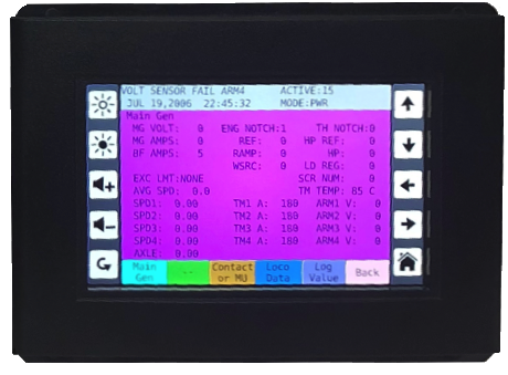 LCD Display screen showing locomotive axle speed data