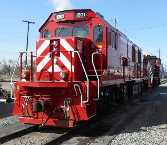 Red Locomotive with white stripes, #1201, BL12CG from Central California Traction Company